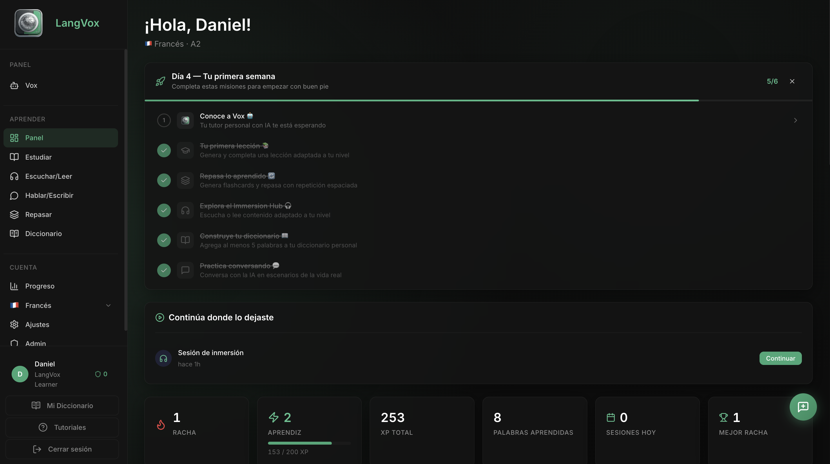 LangVox Dashboard — Vista del panel principal